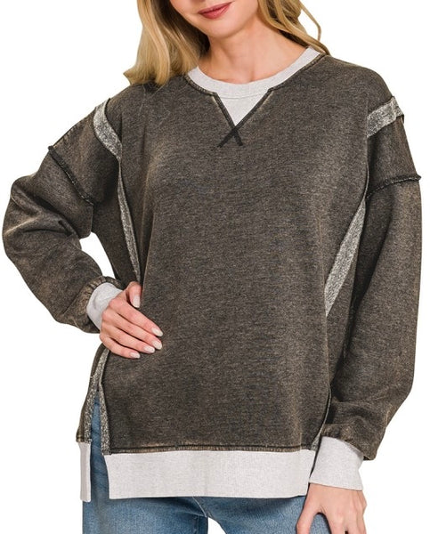 Fleece Washed Contrast Trim Pullover Black