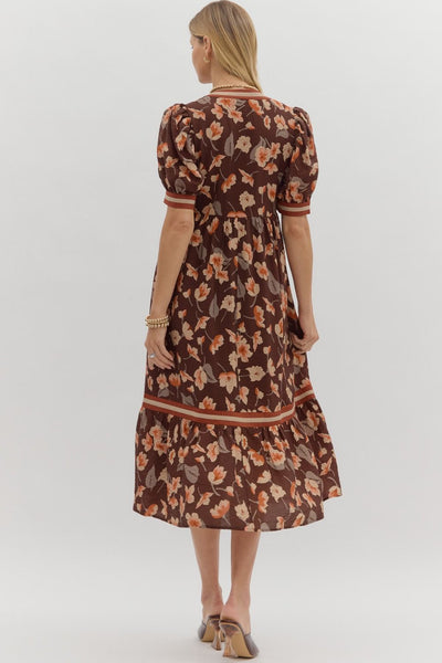 Floral Multicolor Tiered Midi Dress Brown Mix
