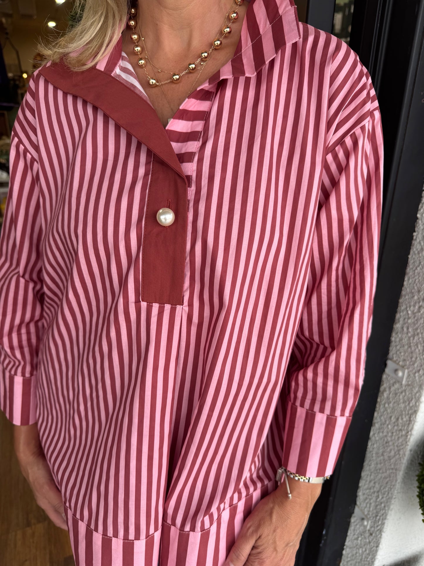 Brooke Stripe Collared Top Dark Red Mix