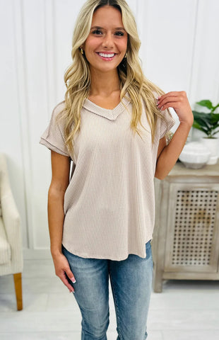 Ribbed V Neck Top Taupe