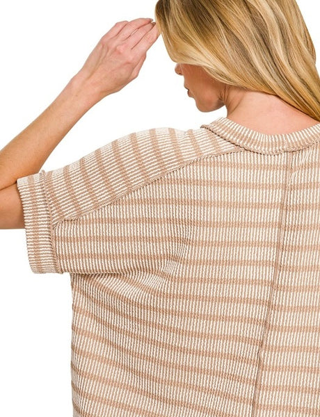 Stripe Two Tone Textured Top Mocha