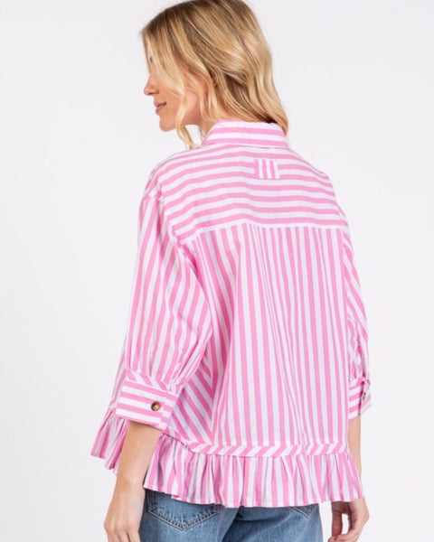 Striped Ruffle Button Down Top Pink