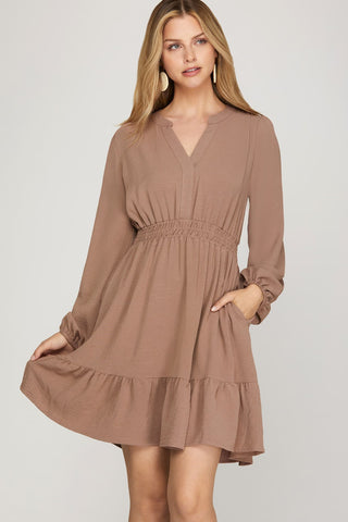 Caroline Smocked Waist Dress Mocha