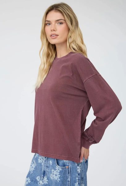 Washed Crew Long Sleeve Tee Maroon