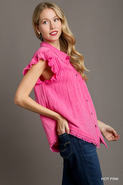 UMGEE Mineral Wash Button Down Top Hot Pink