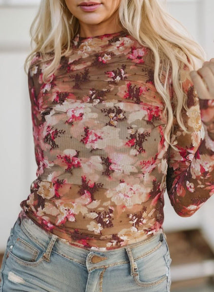 Wine Floral Mesh Layering Top