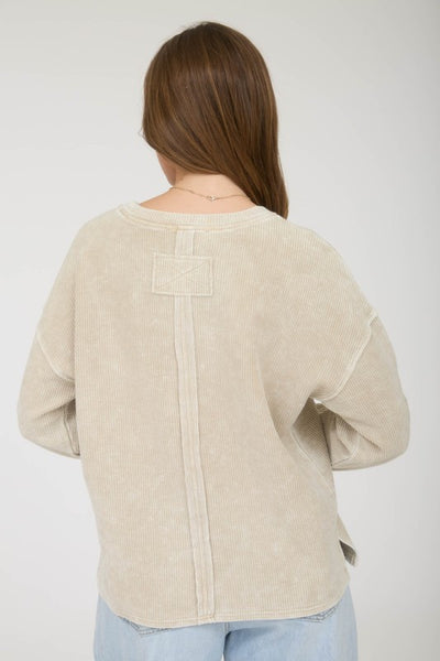 Long Sleeve Rib Knit Pocket Top Beige