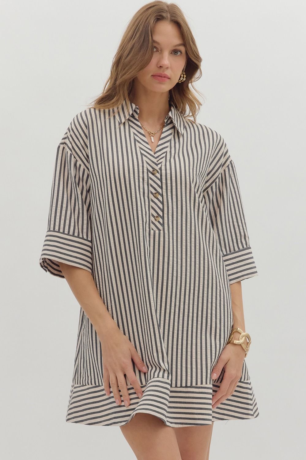 Stripe Pattern Collared Dress Black Mix