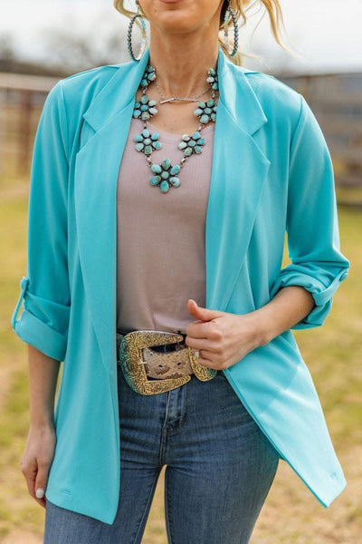 Easy Wear Open Front Boyfriend Blazer Teal