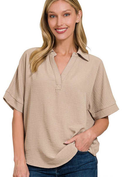 Willow Airflow Collared V Neck Top Mocha