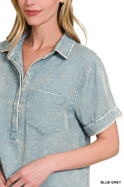 Lizzy Linen Raw Hem Pocket Dress Blue Grey