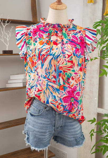 Abstract Multi Ruffle Sleeve Boutique Top