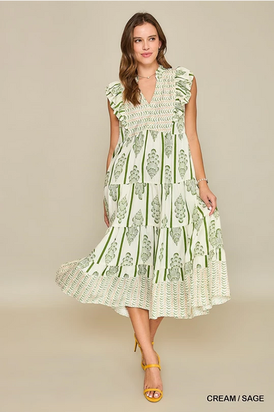 UMGEE Border Print Smocked Maxi Dress Sage Mix