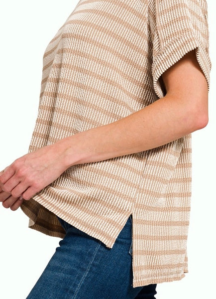 Stripe Two Tone Textured Top Mocha