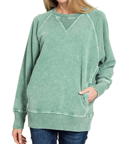 Acid Wash Pocket Sweatshirt Green