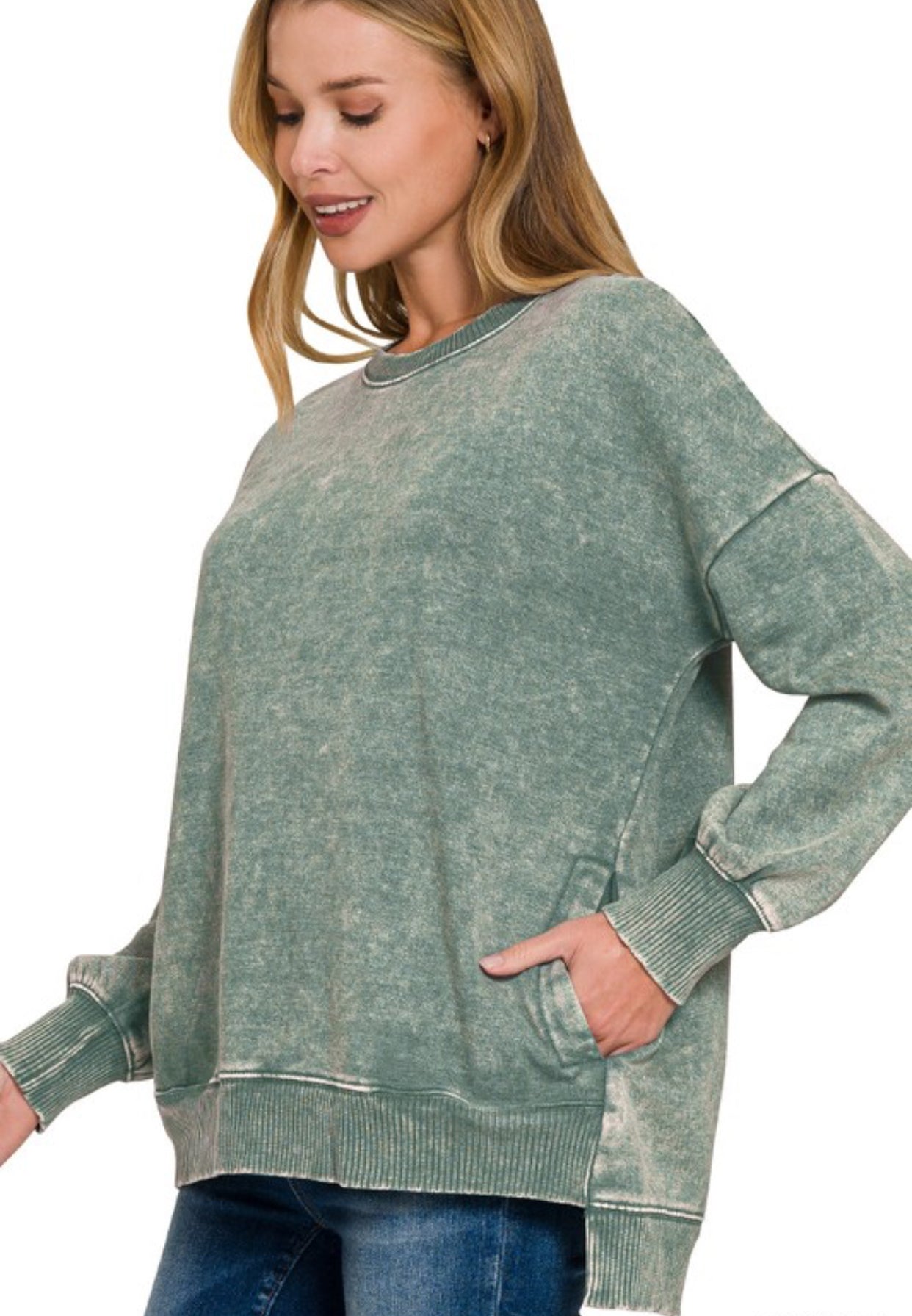 Acid Wash Fleece Hi Lo Hem Sweatshirt Ash Jade