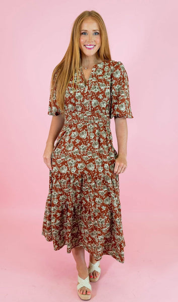 Cinnamon Taupe Floral Maxi Dress