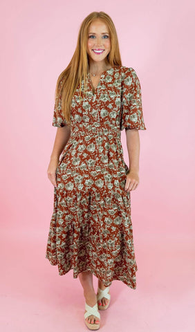 Cinnamon Taupe Floral Maxi Dress