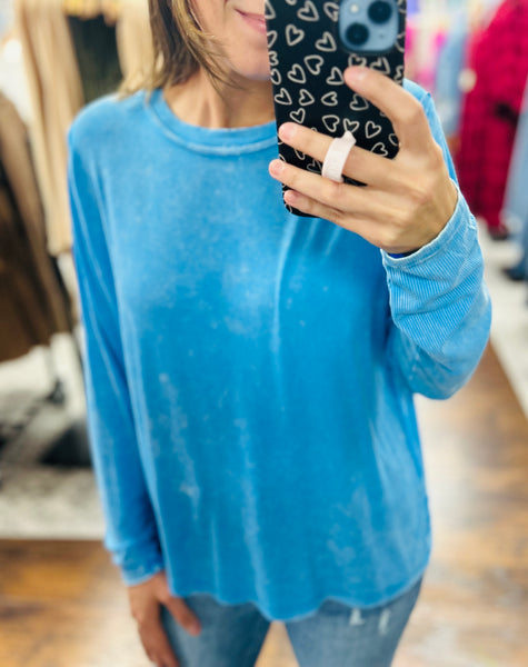 Washed Ribbed Long Sleeve Top Sky Blue