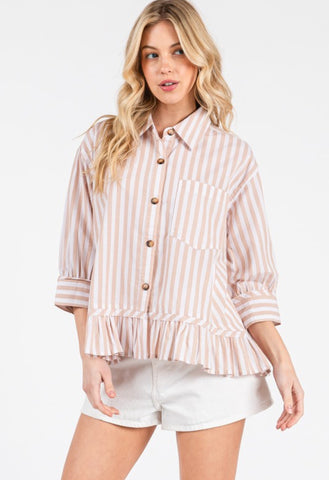 Striped Ruffle Button Down Top Taupe