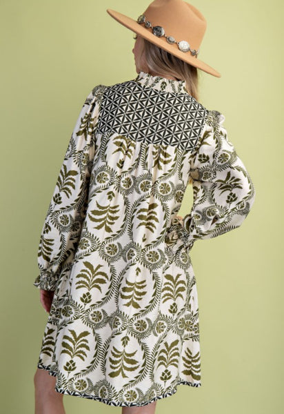 Mollie Printed V Neck Dress Green Mix