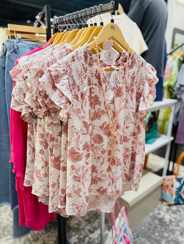 UMGEE Rose Clay Floral Ruffle Sleeve Top