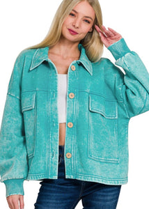 Washed Fleece Front Pocket Button Up Shacket Turquoise