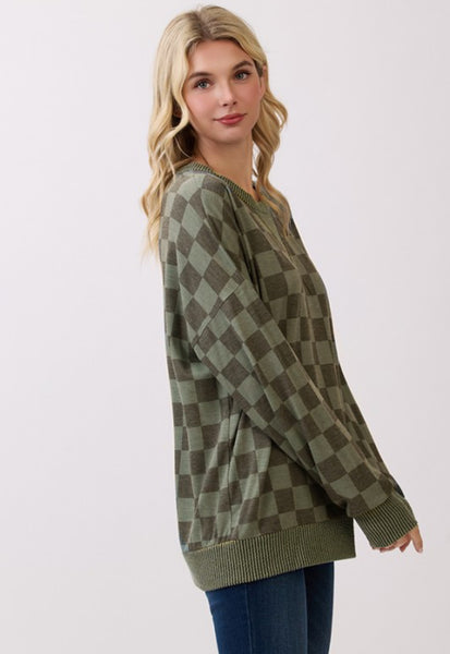 Checkered Pullover Top Vintage Green