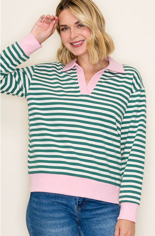 Green Stripe Pink Contrast Collared Top