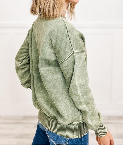 Acid Wash Fleece Oversized Pullover Light Olive