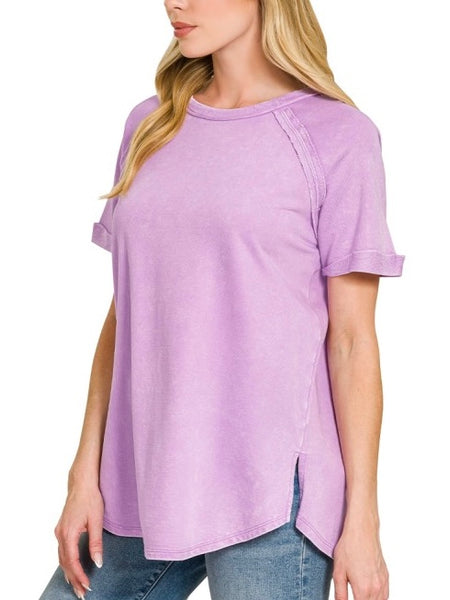 Curved Hem Acid Wash Tee Lavender