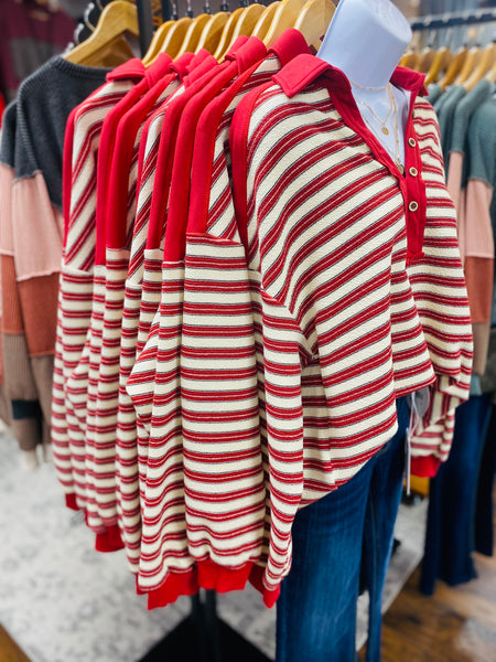 Red Striped Collared Relaxed Fit Top