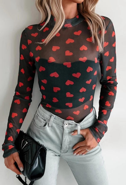 Black & Red Heart Mesh Top