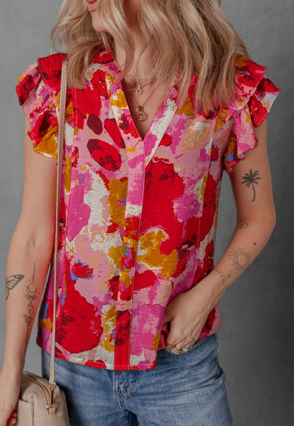 Sunset Ruffle Sleeve Abstract Top