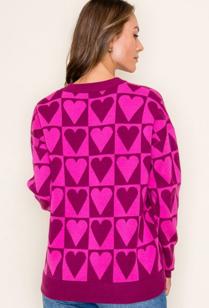 Magenta Fuchsia Checkered Heart Sweater