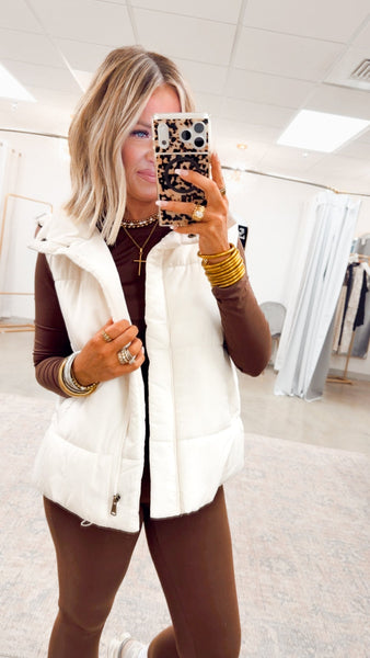Solid Zip Up Puffer Vest Ivory