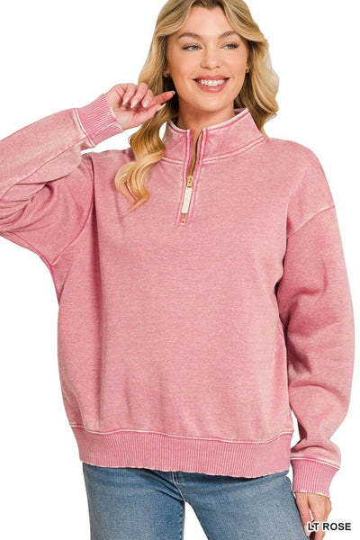 Acid Wash Half Zip Sweatshirt Rose