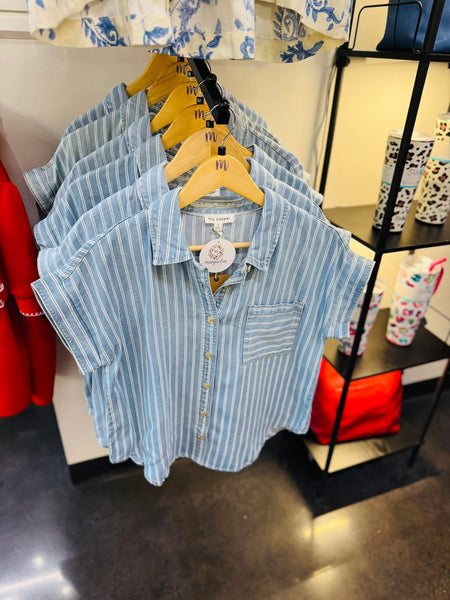 Stripe Chambray Denim Button Down Shirt