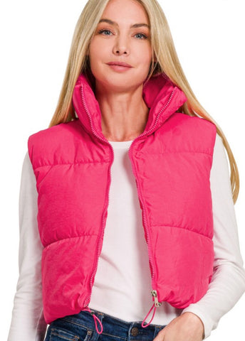 Cropped Puffer Vest Hot Pink