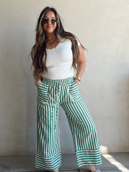 Woven Wide Leg Stripe Pant Green