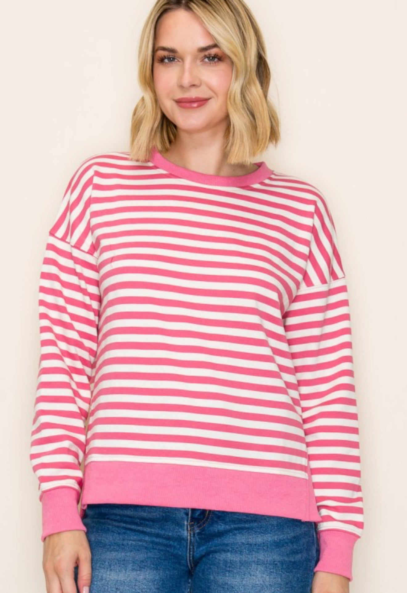 Pink Stripe Side Slit Sweatshirt