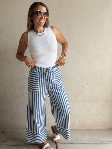 Woven Wide Leg Stripe Pant Blue
