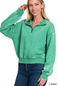 Acid Wash Fleece Zipper Pullover Kelly Green