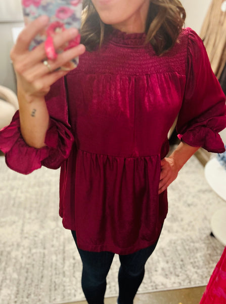 UMGEE Plum Satin Ruffle Top