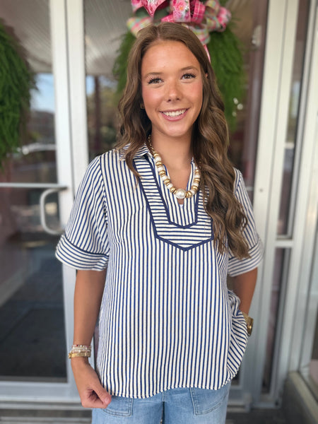 Evelyn Blue Stripe Contrast Top