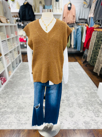 V Neck Boxy Sweater Vest Camel