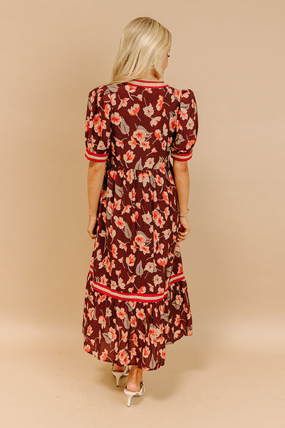 Floral Multicolor Tiered Midi Dress Brown Mix
