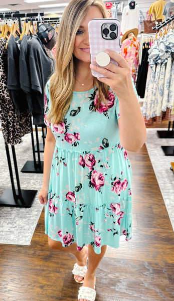 Mint Fuchsia Floral Ruffle Dress