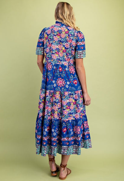 Mixed Print Tiered Dress Cobalt Blue Mix