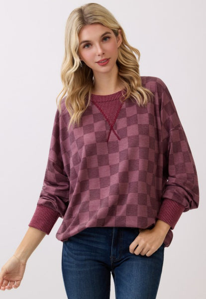 Checkered Pullover Top Vintage Burgundy